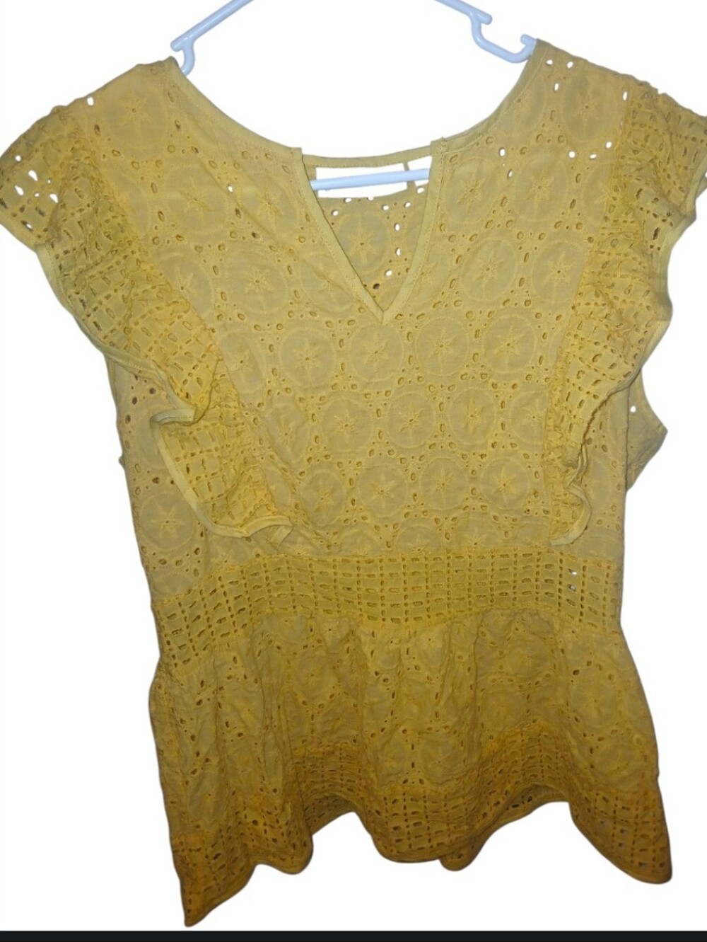 New York & Company Yellow Eyelet V-Neck Ruffle Peplum Top